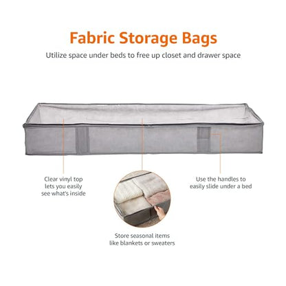 Amazon Basics Under Bed Storage Bags for Clothes and Blankets, Foldable Fabric Zipper Container with Clear Window and Reinforced Handles, Space Saving, 18 x 42 x 6 inches, Gray, 2-Pack