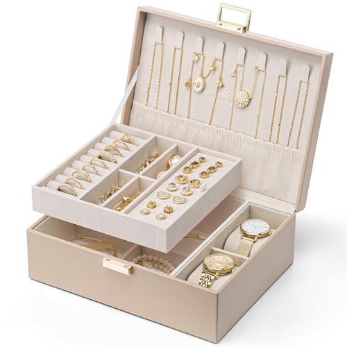 VLANDO Jewelry Organizer, 2-Layer Design with Tray and Watch Pillow,Toffee | Generous Space Stores All Kinds of Jewelry Tidily,Elegant Look Serves as a Nice Birthday and Holiday Gift for Ladies
