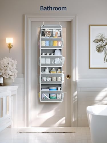 Yecaye 5 Tier Over the Door Organizer, Swing-proof Door Organizer Hanging with Clear PVC Windows, Behind the Door Storage for Bedroom Nursery Closet Laundry Pantry Bathroom, Grey