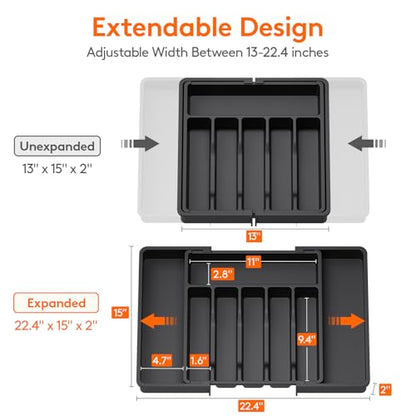 Lifewit Extra Large Silverware Drawer Organizer, Expandable Utensil Tray for Kitchen, BPA Free Flatware and Cutlery Holder, Adjustable Plastic Storage for Spoons Forks Knives, 13-22 x 15, Black