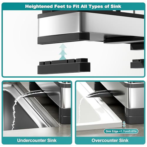 Ewaiira Stainless Steel Sink Caddy, Sponge Holder for Kitchen Sink 9.8″ | with Brush Holder and Towel Rack, Sink Organizer for Countertop, Soap Kitchen Organizers Storage Essentials, Black