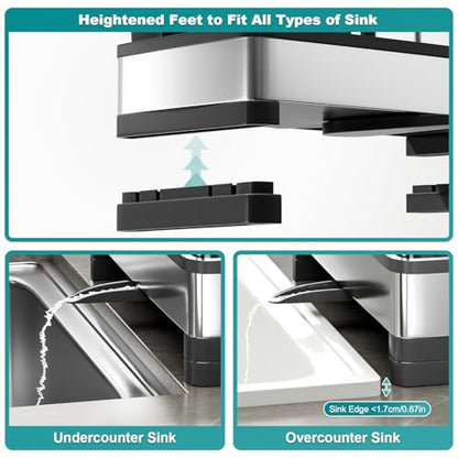 Ewaiira Stainless Steel Sink Caddy, Sponge Holder for Kitchen Sink 9.8″ | with Brush Holder and Towel Rack, Sink Organizer for Countertop, Soap Kitchen Organizers Storage Essentials, Black