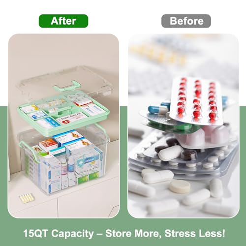 ANYPROLUS 15QT Clear Medicine Organizer Box with Handle, Plastic Medicine Container with Tray First Aid Box Empty, Thickened Medicine Storage Organizer Multipurpose Medication Organizer Storage