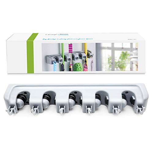 LETMY Broom Holder Wall Mounted - Mop and Broom Hanger Holder - Garage Storage Rack & Garden Tool Organizer - 5 Position 6 Hooks for Home, kitchen, Garden, Tools, Garage