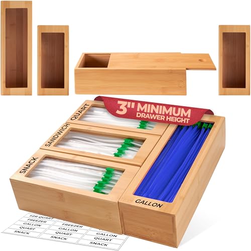 Bamboo Storage Bag Organizer for Drawer, 4 Blocks... (4 Count | Light Brown | Bamboo)