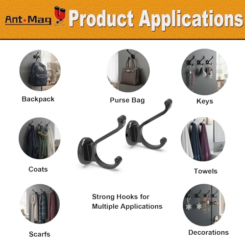 Ant Mag Magnetic Hooks Heavy Duty 140lbs Neodymium Magnet Wall Hooks for Hanging Coats Robes Backpacks Bags Hats Keys Mugs Cups Towels | Strong Magnet Hooks for Hanging Coats, Robes, Backpacks, Bags, Hats, Keys, Mugs, Cups, Towels, No Drilling Black