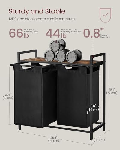VASAGLE Laundry Hamper, Laundry Basket, Laundry Sorter with 2 Pull-Out and Removable Bags, Shelf, Metal Frame, 2 x 12.1 Gallons (46 L), 28.8 x 13 x 28.4 Inches, Ink Black and Rustic Brown UBLH201B01