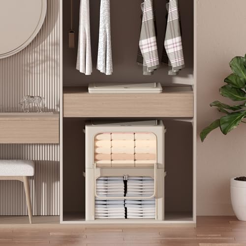 3Pack Frame Storage Box - Clothes Storage Bin Bags Oxford Fabric Foldable Stackable Container Organizer Set with Clear Window & Carry Handles Large Capacity (Beige, Small-22L)