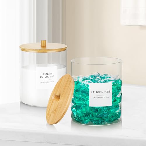 Glass Jars for Laundry Room Organization, Laundry Pods Container with 27 Labels, Detergent Holder with Bamboo Lid, Cute Storage Jars (Set of 1)