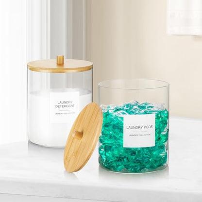 Glass Jars for Laundry Room Organization, Laundry Pods Container with 27 Labels, Detergent Holder with Bamboo Lid, Cute Storage Jars (Set of 1)