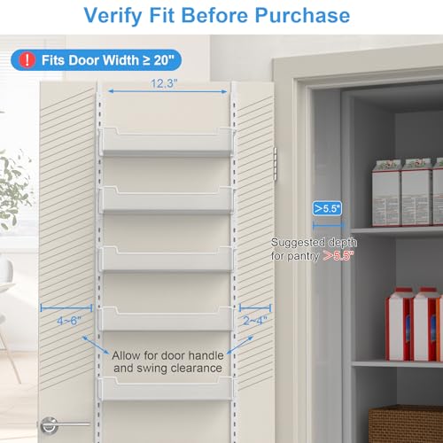 VyGrow 12.3" W Narrow Over the Door Pantry Organizer, 6-Tier Over the Door Organizer with Adjustable Basket, Pantry Door Organization for Pantry Kitchen Storage Room Spice Rack, White