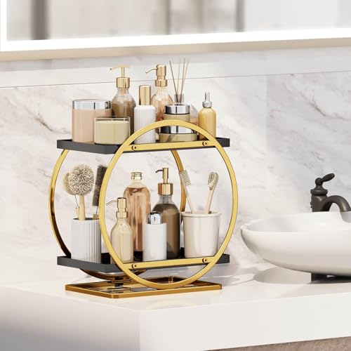 Makeup Organizer Vanity, Black Gold Perfume Organizer for Dresser | 2-Tier Bathroom Counter Organizers, Bathroom Countertop Shelf, Skincare Storage Perfume Stand, Vanity Trays Cosmetic Display