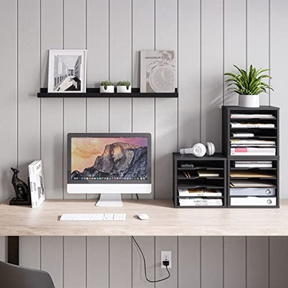 Ballucci 5-Tier File Organizer for Desk, Wooden Mail Sorter, Office Desk Organization, Paper Storage Organizers, Folder holder for desk, Letter Trays & Stacking Supports, Adjustable Shelves, Black