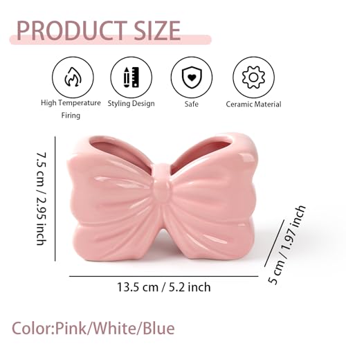 Pink Bow Ceramic Toothbrush Holder,Sweet Girly Gift Bathroom Decor | 2-Slot Bathroom Organizer for Makeup Brushes & Pencils, Cute Small Bow Vase,for Bathroom Vanity ,Gift for Women