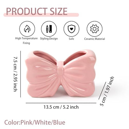 Pink Bow Ceramic Toothbrush Holder,Sweet Girly Gift Bathroom Decor | 2-Slot Bathroom Organizer for Makeup Brushes & Pencils, Cute Small Bow Vase,for Bathroom Vanity ,Gift for Women