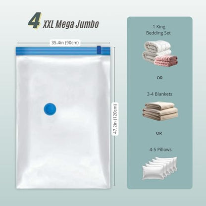 4 Mega Jumbo XXL Vacuum Storage Bags Set with Pump | Supersized Compression Space Saver, For Comforter, Duvet, Bedding, Blanket, Vacuum Seal for Clothing