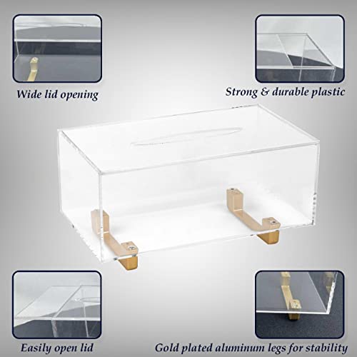 YoBa Thick Acrylic Tissue Box Holder Rectangular Clear Tissue Box Dispenser with Gold Plated Aluminum Legs for Bathroom, Kitchen, Bedroom, Office, Hotels and Restaurant