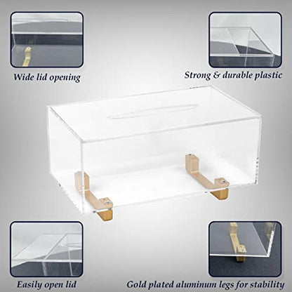 YoBa Thick Acrylic Tissue Box Holder Rectangular Clear Tissue Box Dispenser with Gold Plated Aluminum Legs for Bathroom, Kitchen, Bedroom, Office, Hotels and Restaurant