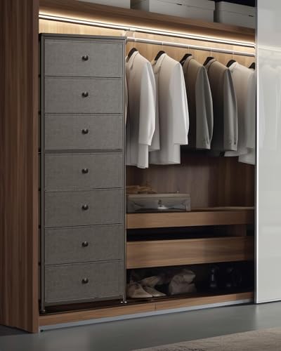 Mifuro Tall Fabric Dresser for Bedroom, Vertical Storage Organizer Tower with 7 Drawers, Chest of Drawers with Bins, Steel Frame, Wood Top for Bedroom, Closet, Entryway Grey