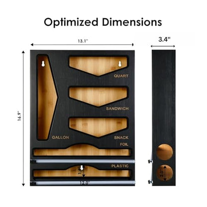 Bamboo Food Bag Organizer with Foil and Plastic Wrap Organizer, Kitchen Drawer Organizer, Wrap Dispenser with Cutter, for Gallon, Quart, Sandwich, Snack Bags and 12" Roll (Black)