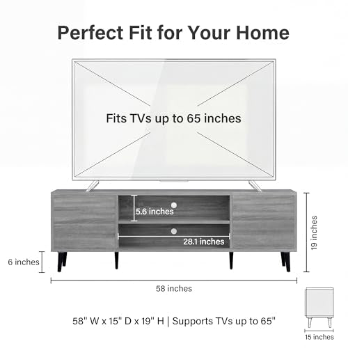 YESHOMY Mid-Century Modern TV Stand for 55-65 Inch TVs, 58 Inch Entertainment Center with Storage, Media Console with Push-to-Open Doors and Cable Management for Living Room, Bedroom(Light Gray)