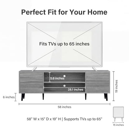 YESHOMY Mid-Century Modern TV Stand for 55-65 Inch TVs, 58 Inch Entertainment Center with Storage, Media Console with Push-to-Open Doors and Cable Management for Living Room, Bedroom(Light Gray)