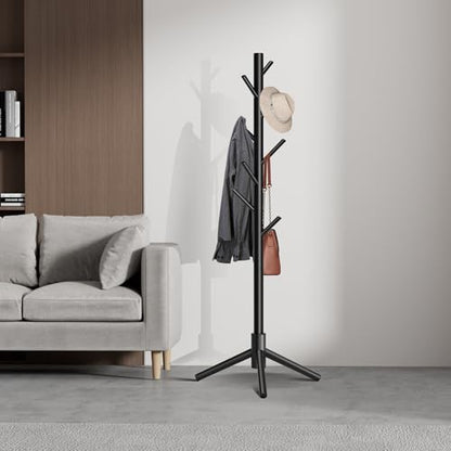 8-Hook Freestanding Coat Rack 3 Adjustable Heights Sturdy Black | Easy Tool-Free Setup,Ideal for Entryway Bedroom Hallway Office,Holds Clothes Hats Handbags,Space-Saving Vertical Design