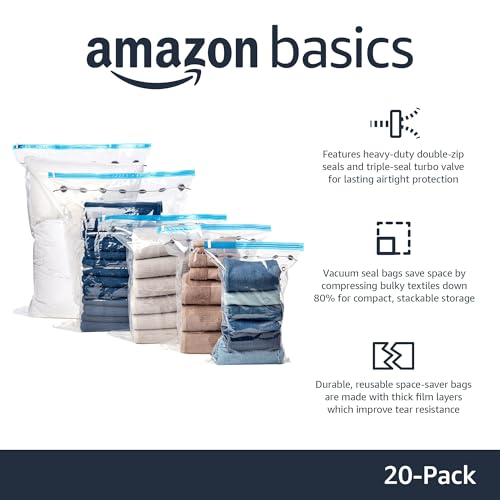 Amazon Basics Vacuum Storage Bags with Hand Pump for Travel, Space Saving Compression Bags for Clothes, Clothing, Blankets and Duvets, Clear, 20 Pack (5 Small, 5 Medium, 5 Large & 5 Jumbo)