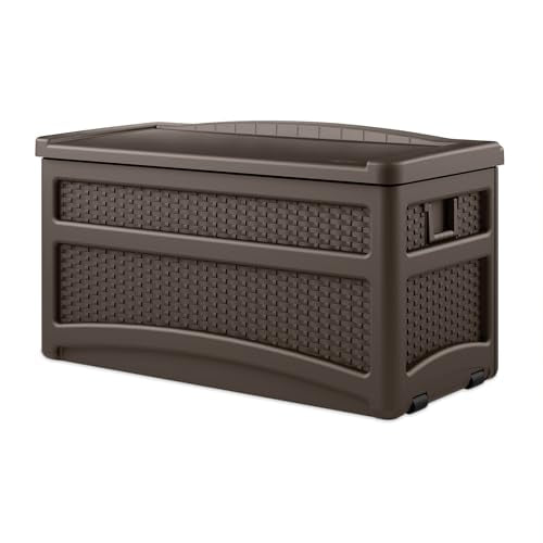 Suncast Durable 73 Gallon Outdoor Resin Storage Chest with Handles, Wheels, and Seat for Patio, Garden, or Pool for Indoor and Outdoor Use, Java