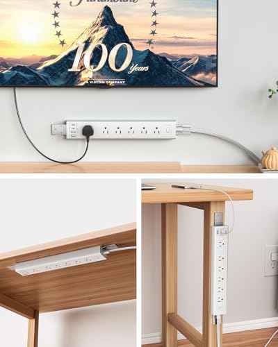 360° Mountable Surge Protector Power Strip with 4 USB Ports (2 USB C), 6 FT Electrical Outlet & Flat Plug Extension Cord for Under Desk, Wall, or Corner Mount (White)