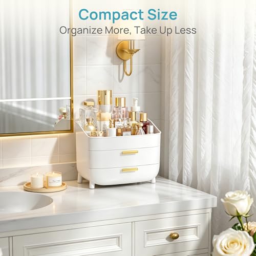 Vtopmart 3-Tier Skincare Makeup Organizer with Drawers, White | For Vanity,Dresser and Bathroom Countertop, Large Cosmetic Storage Box Case, , With Drawer, Non-Slip Base