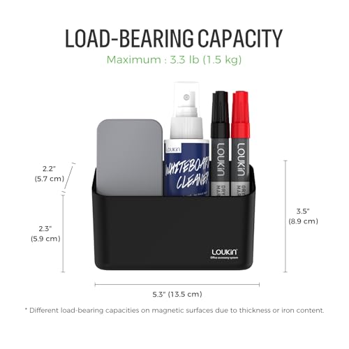 loukin Magnetic & Adhesive Marker Holder, Whiteboard Accessory Tray, Black | 5.3" × 2.2", Holds 1 Eraser and 8 Markers, Supports up to 3.3 lb, 2 Mounting Options, Fits Glass and Refrigerators