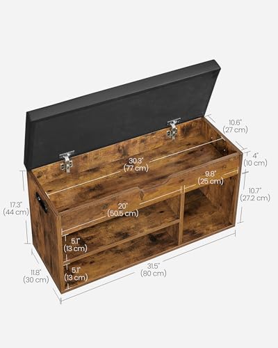 VASAGLE CUSTOS Collection - Storage Bench with Cushion, Shoe Bench, Padded Seat, Hidden Storage, Entryway, Hold up to 300 lb, 11.8 x 31.5 x 17.3 Inches, Rustic Brown and Ink Black ULHS30BX