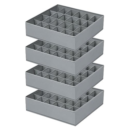 Sock Organizer 4 Pack, 24 Cell Underwear Organizer Foldable Underwear Storage, Sock and Underwear Drawer Organizer for Socks Ties Underwear Belts. (Grey)