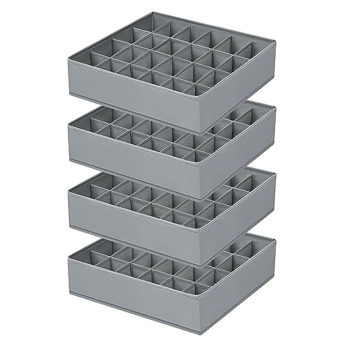 Sock Organizer 4 Pack, 24 Cell Underwear Organizer Foldable Underwear Storage, Sock and Underwear Drawer Organizer for Socks Ties Underwear Belts. (Grey)