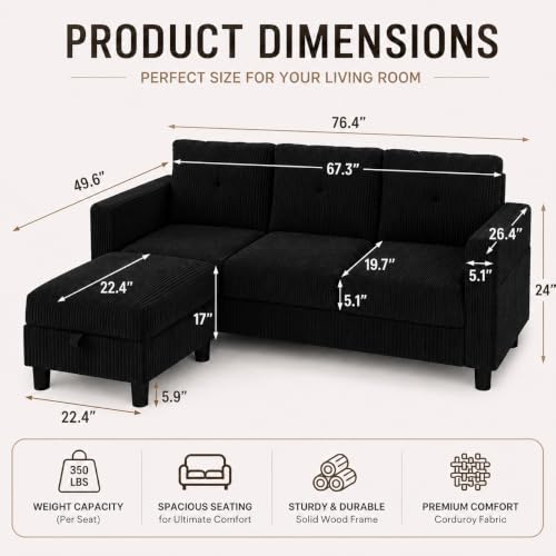 77" L-Shaped Corduroy Sectional Sofa with Storage Ottoman, Black