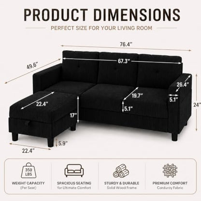 77" L-Shaped Corduroy Sectional Sofa with Storage Ottoman, Black