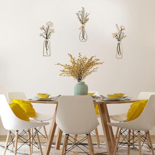 Pigort 3 Pieces Metal Flowers Wall Art- Rustic Farmhouse Decor Minimalist Decor for Living Room Bathroom Bedroom Dining Room, Housewarming Gifts Christmas Decoration(Beige, Vase-C)
