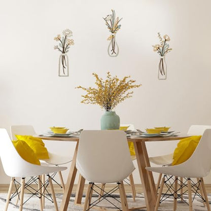 Pigort 3 Pieces Metal Flowers Wall Art- Rustic Farmhouse Decor Minimalist Decor for Living Room Bathroom Bedroom Dining Room, Housewarming Gifts Christmas Decoration(Beige, Vase-C)