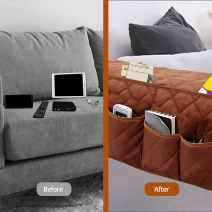 MEHIDFY Armchair Caddy, Waterproof Sofa Armrest Organizer, Non Slip Recliner Organizer, Remote Holder for Recline, Recliner Caddy with 14 Pockets Storage for TV Remote, Phone, Magazine (Brown)