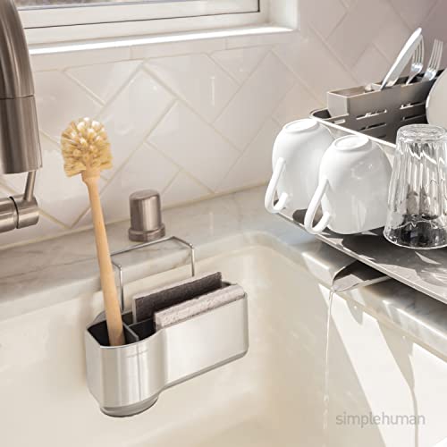 simplehuman Sink Caddy, Sponge Holder for Kitchen Sink with Compartment Dividers, 4 Suction Cups & Wire Ledge Hanger for Secure Mount, Vented Base for Fast Drying, Brushed Stainless Steel