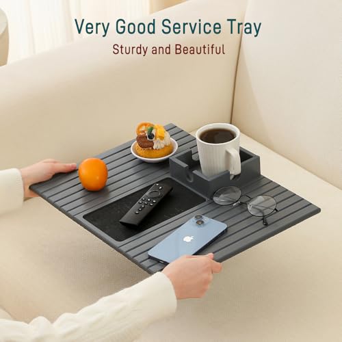 Bamboo Couch Cup Holder Arm Tray Table with Anti-Slip Cork Pad，Couch Drink Holder，Sofa Cup Holder Armrest Tray，Foldable Arm Chair Table Recliners for Drink, Cups, Eats，Snacks, Phone, Remote (Gray)
