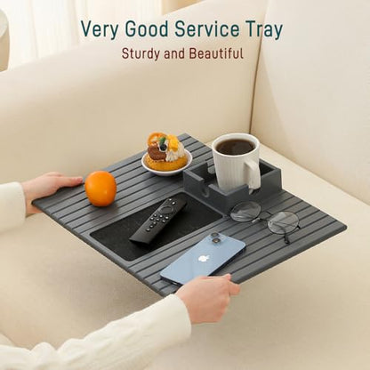 Bamboo Couch Cup Holder Arm Tray Table with Anti-Slip Cork Pad，Couch Drink Holder，Sofa Cup Holder Armrest Tray，Foldable Arm Chair Table Recliners for Drink, Cups, Eats，Snacks, Phone, Remote (Gray)