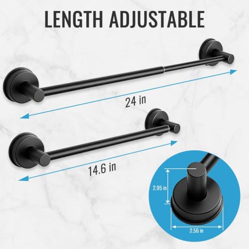No Drill Suction Cup Towel Bar with Adjustable 14.6-24In | Strong Adhesive Wall Mount, Thickened Stainless Steel Matte Black Towel Rack for Renters, Bathroom Shower & Kitchen Storage