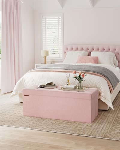 SONGMICS Mazie Collection - Storage Ottoman Bench, Foldable Foot Rest, 15 x 43 x 15 Inches, End of Bed Bench, Storage Chest, Load 660 lb, Living Room, Bedroom, Entryway, Jelly Pink ULSF277R01