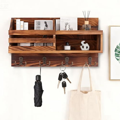 Key and Mail Holder for Wall, Mail Organizer Wall Mount with Shelf, Farmhouse Entryway Organizer for Keys, Wallet, Dog Leash, Sunglass (Brown)
