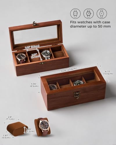 ProCase 4 Slot Wooden Watch Display Case With Glass Lid, Organizer | Elegant Wooden Watch Box With Glass Lid And Soft Lining For Men And Women, Ideal For Home Display And Birthday Gifts - Brown