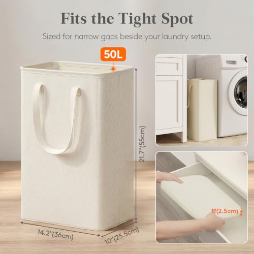 Lifewit Slim Laundry Hamper, Narrow Small Laundry Basket with Handle for Dirty Clothes, Collapsible Tall Thin Laundry Bin for Bathroom Bedroom Dorm College, 50L, White