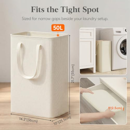 Lifewit Slim Laundry Hamper, Narrow Small Laundry Basket with Handle for Dirty Clothes, Collapsible Tall Thin Laundry Bin for Bathroom Bedroom Dorm College, 50L, White