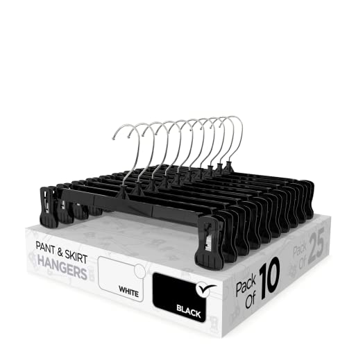 Pant & Skirt Hangers - Closet Hangers for Shorts, Shirts, Jeans, Dresses, Slacks, Coats, Clothes, Clothing, Garments & More - Durable, Space Saving & Non-Slip, Black - 10 Pack